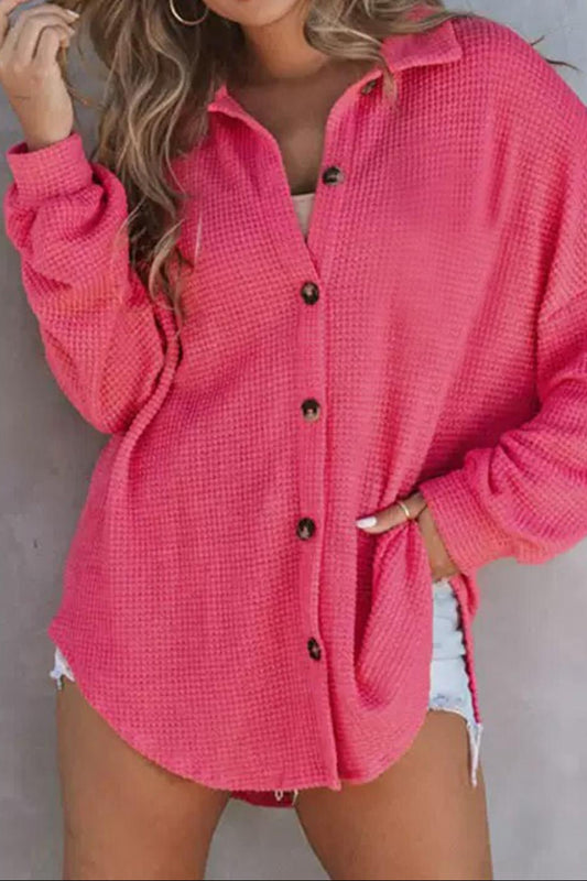 Waffle Knit Button Down Long Sleeve Shirt Top