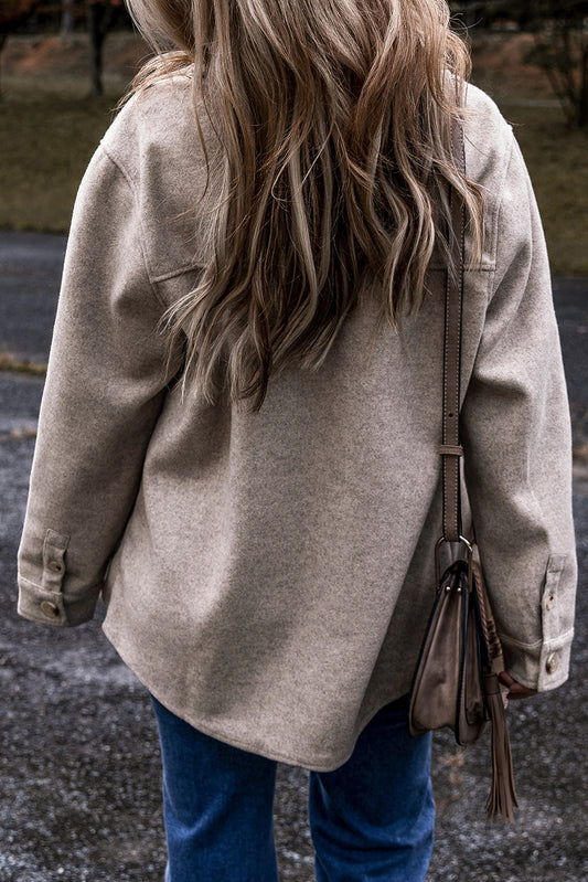 Light Grey Turn-Down Collar Buttoned Pockets Shacket