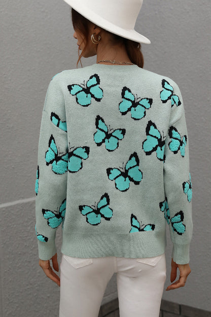 Womens Butterfly Print Crewneck Knit Sweater