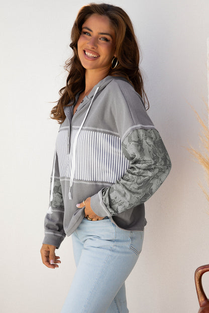 Waffle Patchwork Stripe Print Hooded Long Sleeve Top