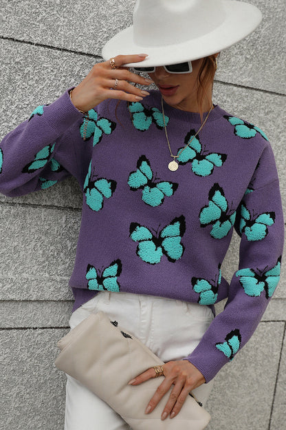 Womens Butterfly Print Crewneck Knit Sweater