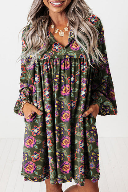 Holiday Floral Split Neck Long Sleeve Mini Dress