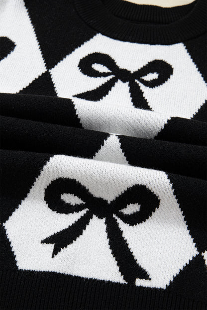 Bow Print Colorblock Rhombus Knit Sweater