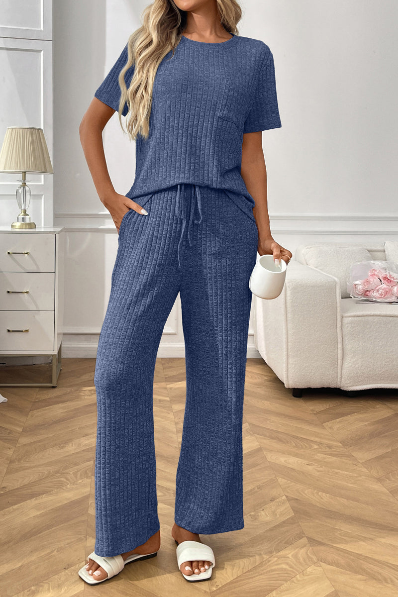 Women’s Casual Ribbed Pajama Set, Short Sleeve Pants