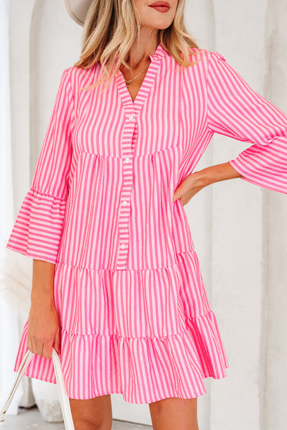 Pink Stripe V Neck Flare Sleeve Mini Dress