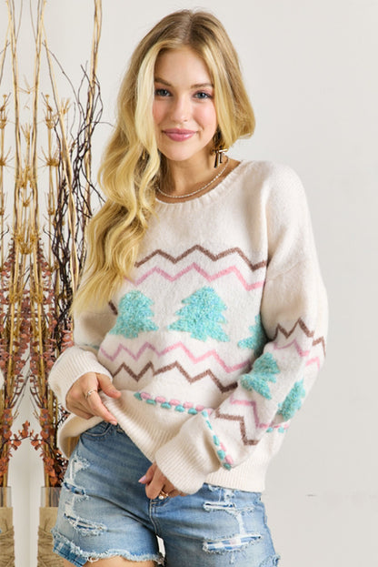 Striped Christmas Tree Ribbed Trim Drop Shoulder Sweater