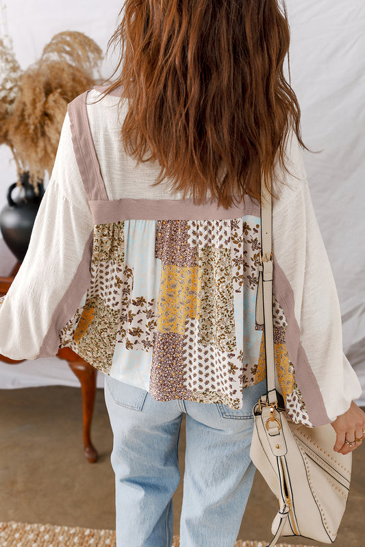 Floral Printed Contrast Patchwork Long Sleeve Top
