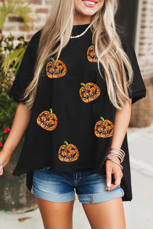 Black Sequin  Pattern Halloween Casual Tee