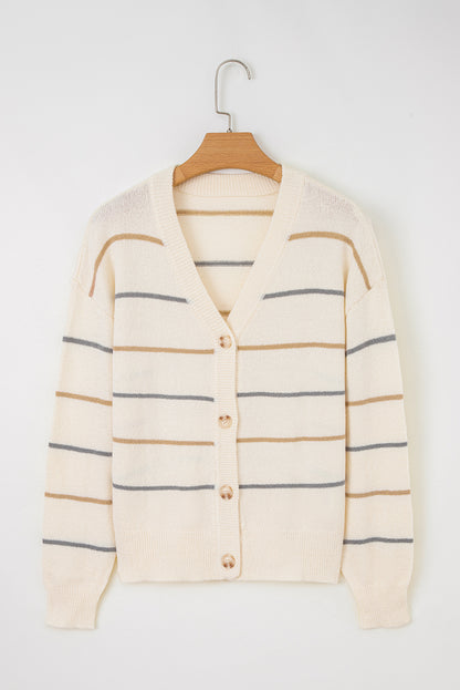 Striped Buttoned Front V Neck Drop Shoulder Cardigan Sweater