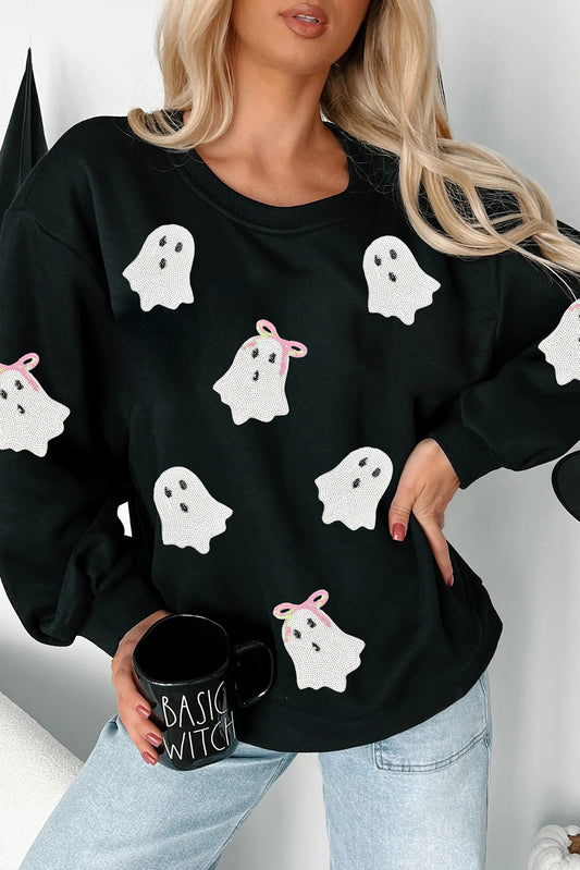 Black Sequin Ghost Bow Graphic Halloween Sweatshirt