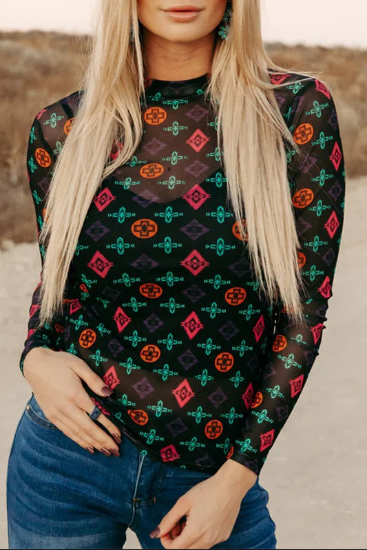 Western Aztec Print Sheer Long Sleeve Top