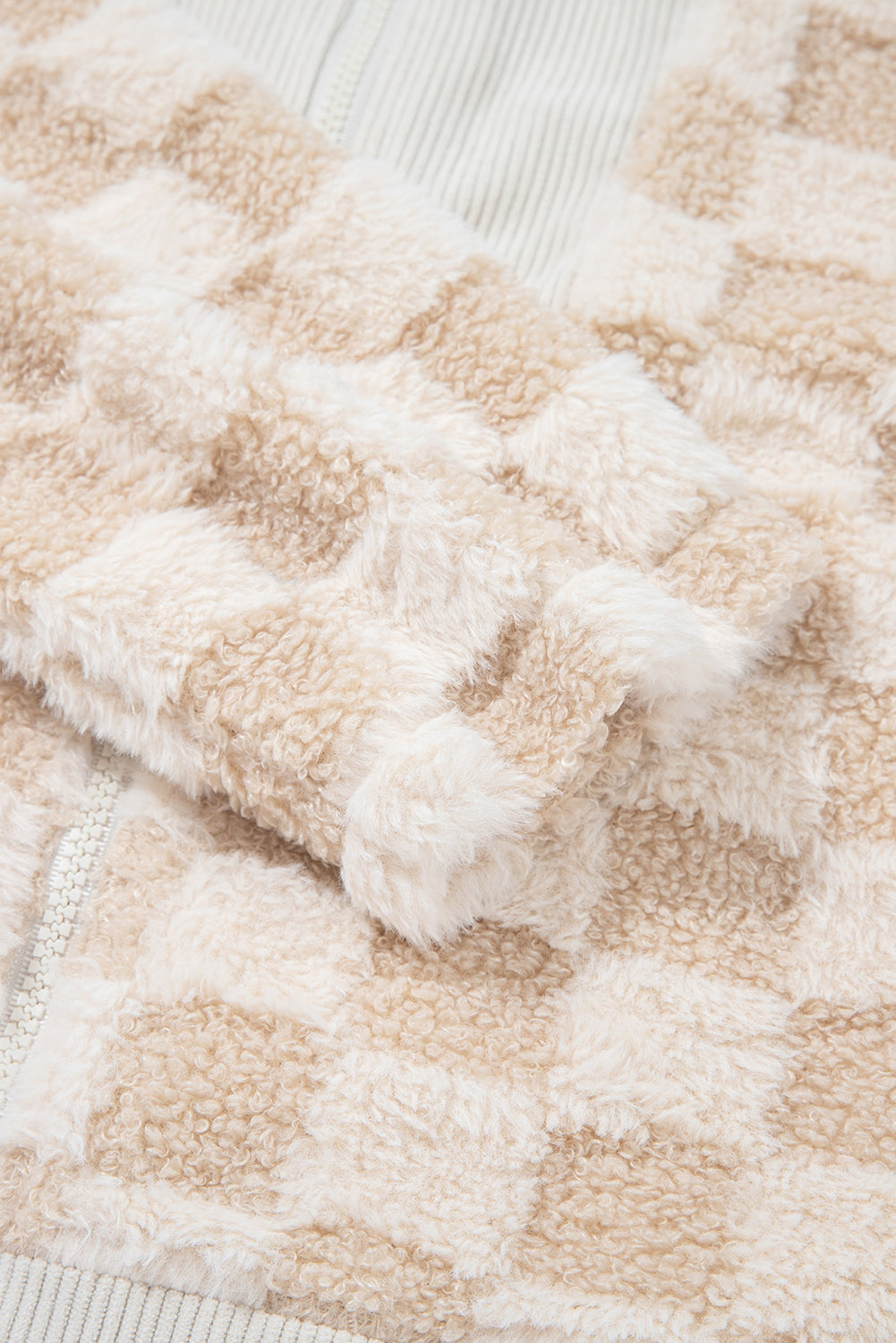 Khaki Checkered Sherpa Zip Up Jacket for Fall