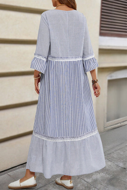 Stripe Patchwork Lace Detail Bracelet Sleeve Maxi Dress