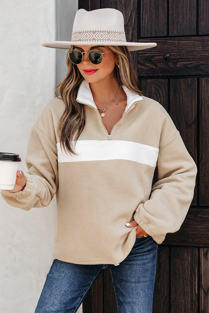 Parchment Fleece Colorblock Zipped Neck Pullover Sweatshirt