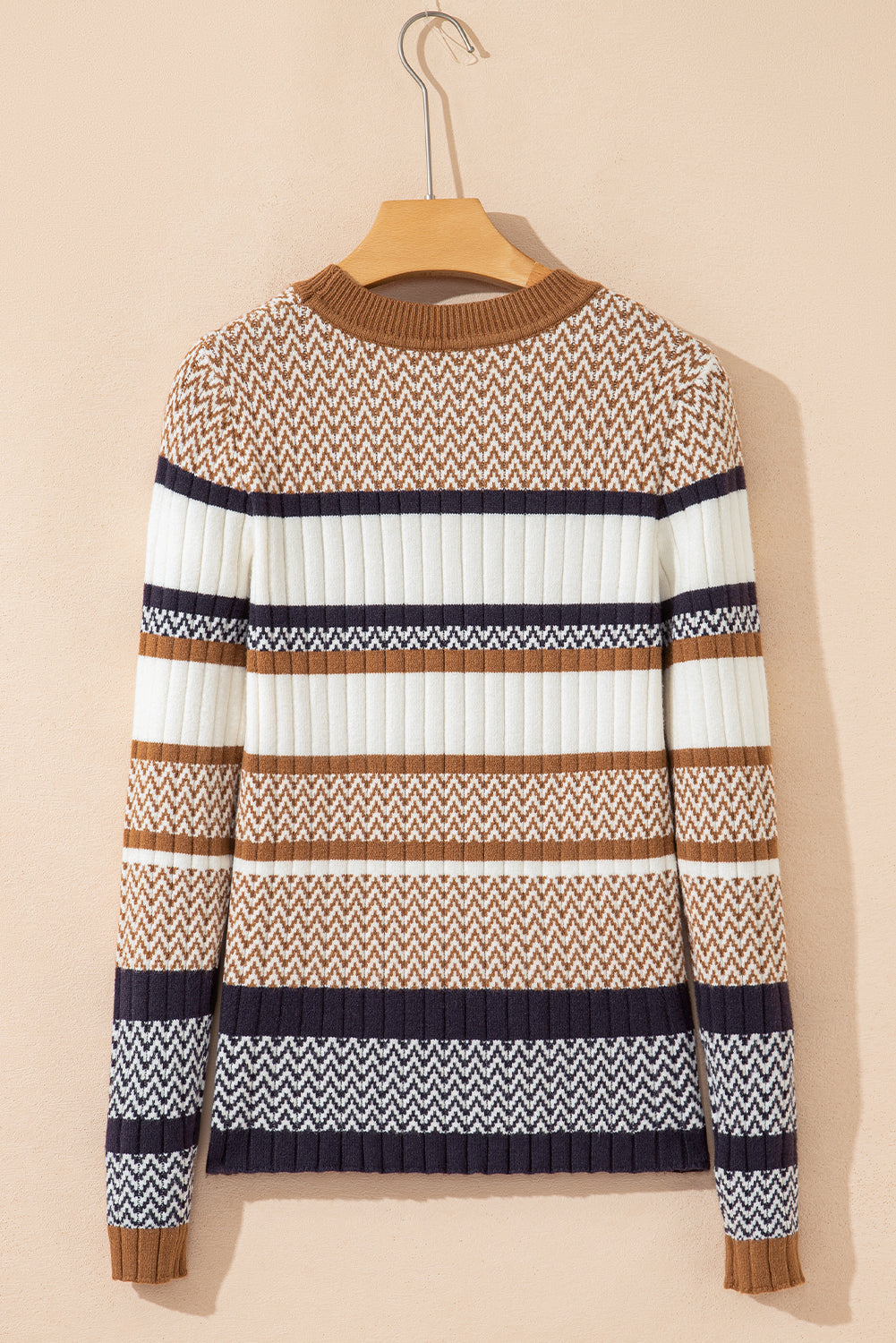 Stripe Stylish Pattern Knitted Ribbed Trim Slim Sweater