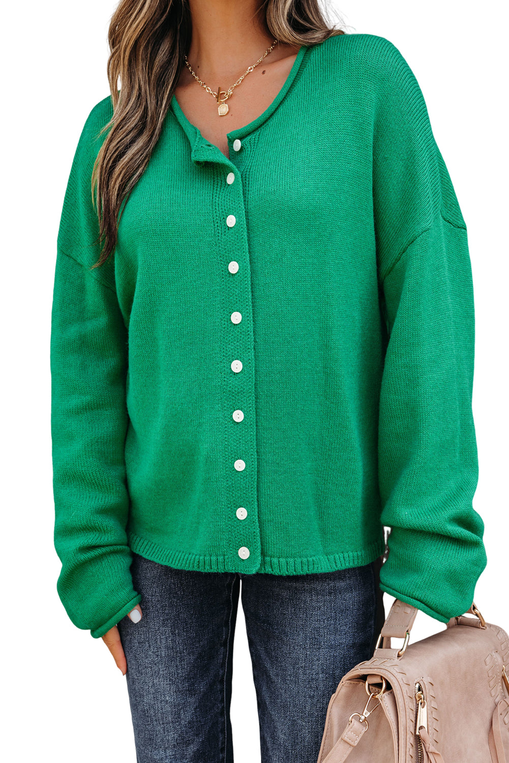 Bright Green Knit Button Front Drop Shoulder Cardigan