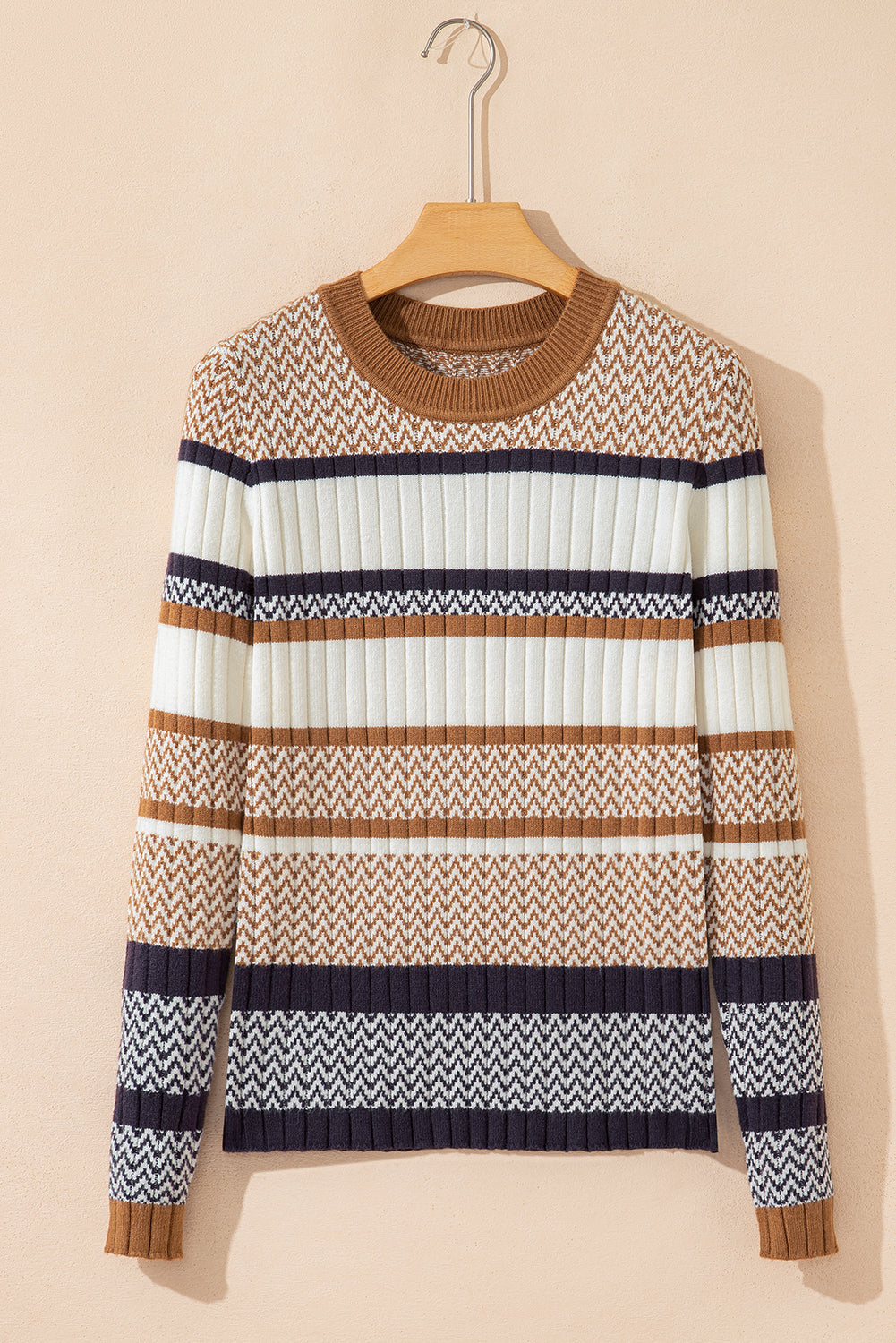 Stripe Stylish Pattern Knitted Ribbed Trim Slim Sweater