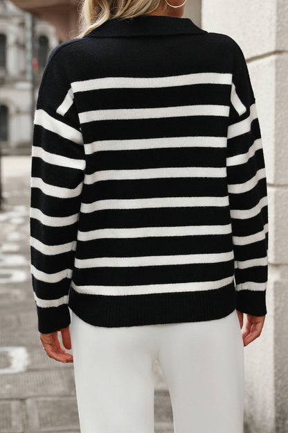 Womens Striped Collared V Neck Knit Sweater Pullover