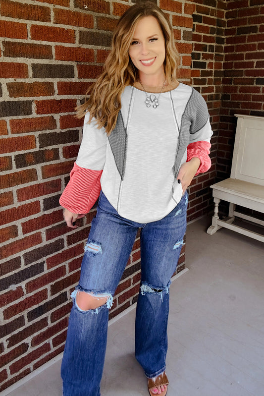 Contrast Block Mixed Textured Knit Casual Top