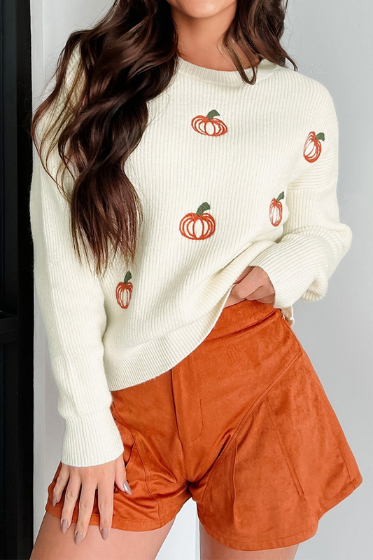 Pumpkin Embroidered Ribbed Thanksgiving Halloween Sweater