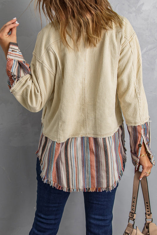 Striped Color Block Corduroy Jacket with Pockets