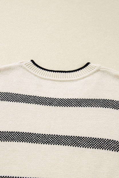 Apricot Stripe Drop Shoulder Crew Neck Knit Sweater