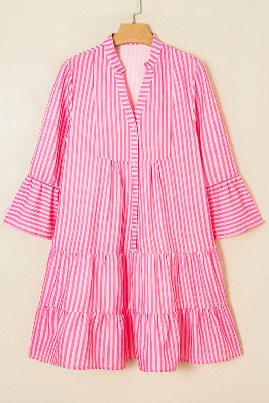 Pink Stripe V Neck Flare Sleeve Mini Dress