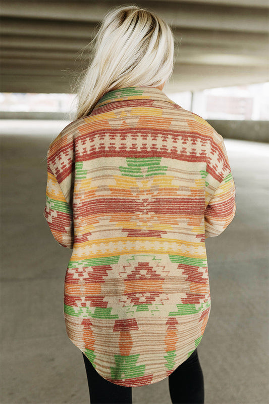 Aztec Print Button Flap Pocket Shacket