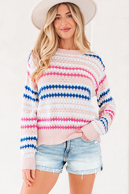Stripe Eyelet Patterned Drop Shoulder Sweater