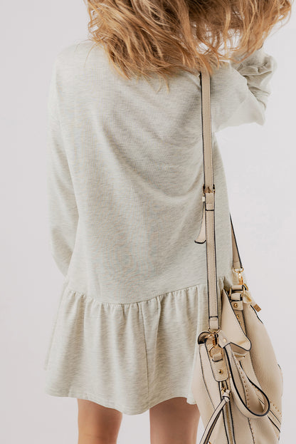 White Solid Color Puff Sleeve Ruffle Hem Dress