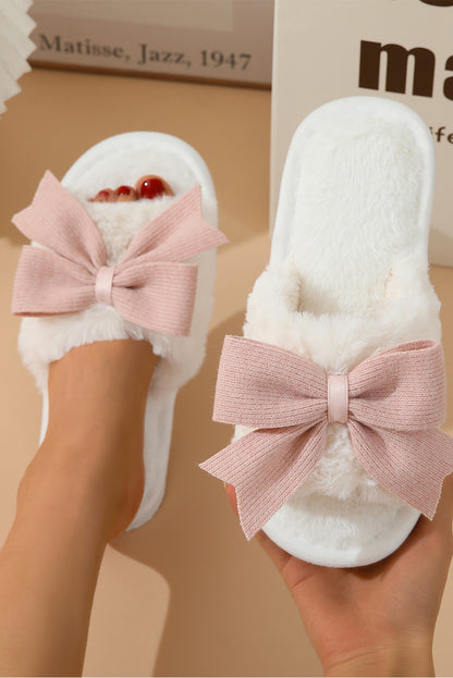 Bow Knot Decor Open Toe Plush Slippers