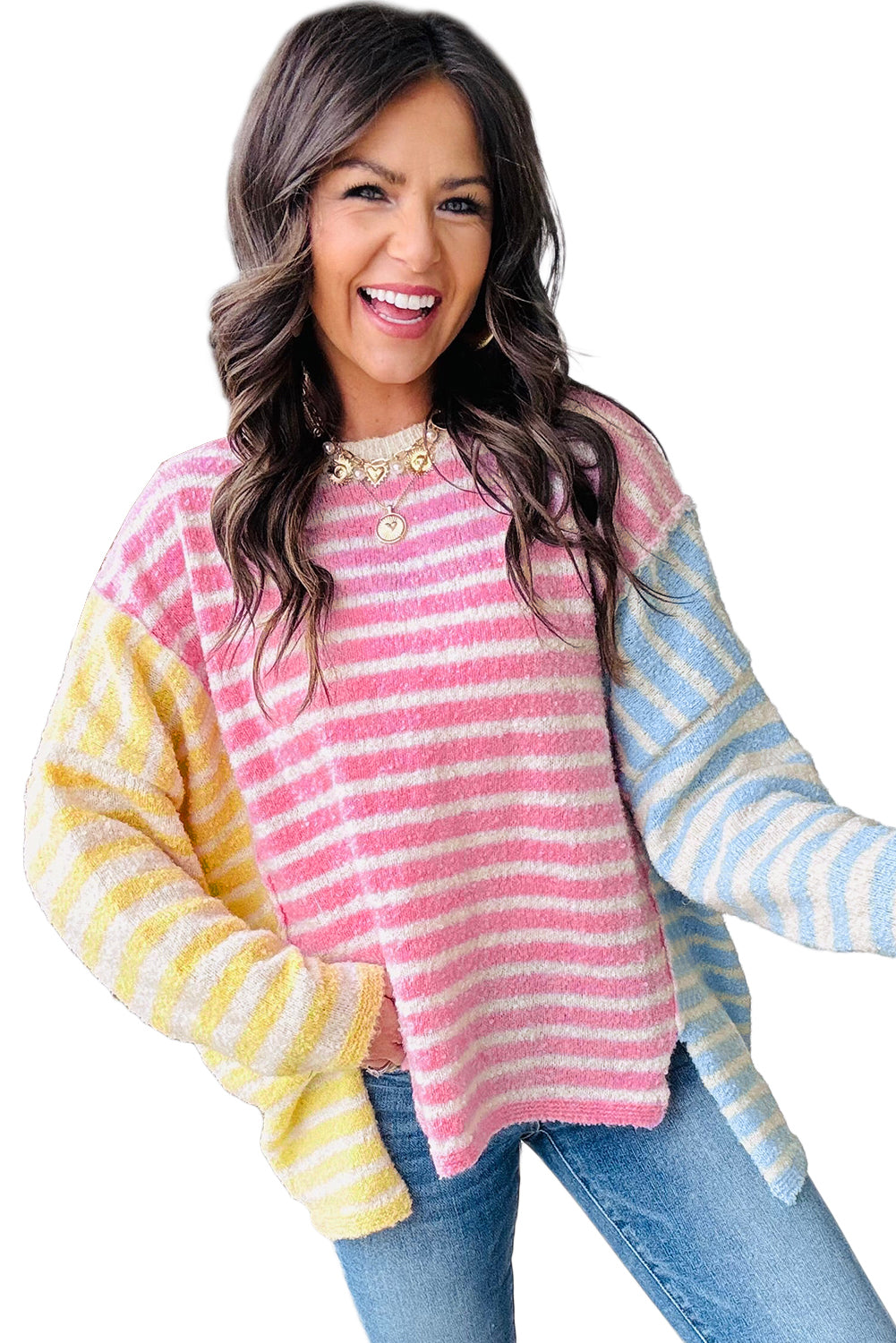 Colorblock Dolman Sleeve Sweater with Split Hem