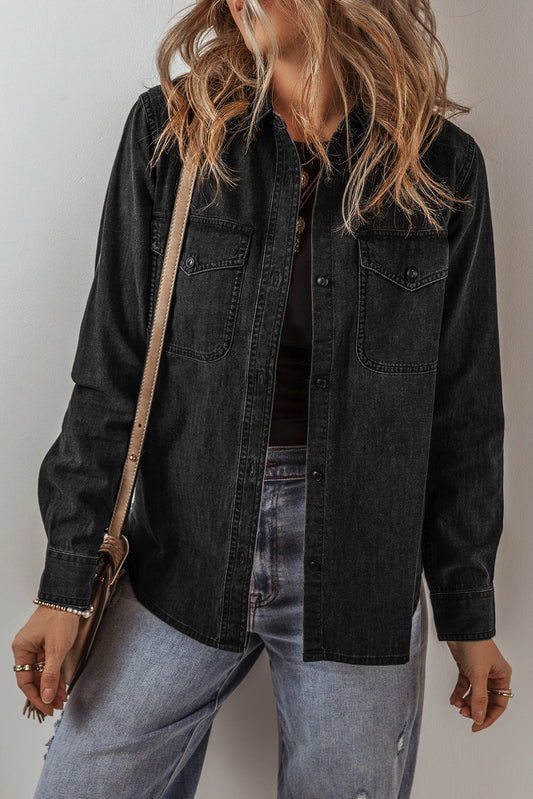 Black Flap Pocket Button Collared Jean Jacket