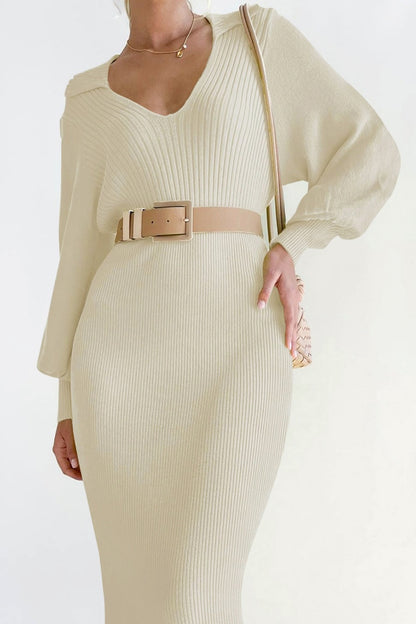 Elegant V Neck Lantern Sleeve Knit Belted Midi Sweater Dress