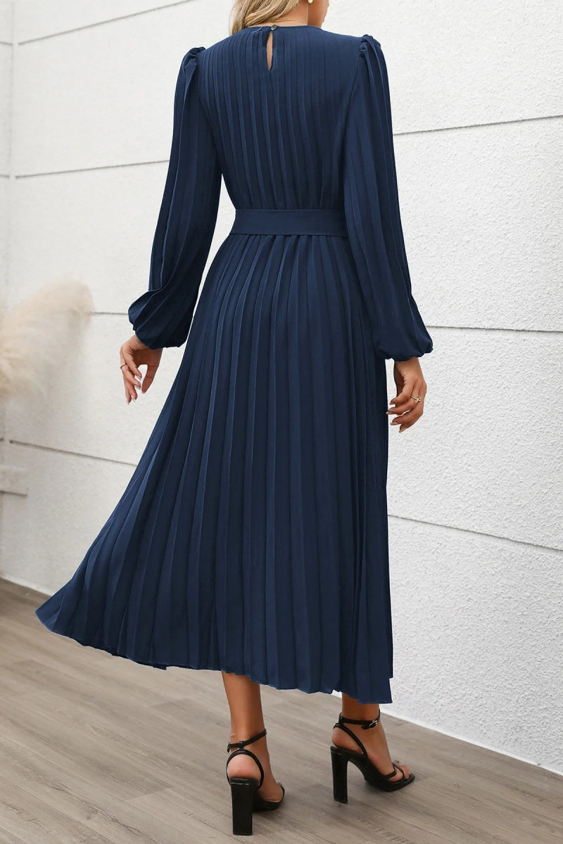 Elegant Fall Pleated Long Sleeve Belted Midi Dress