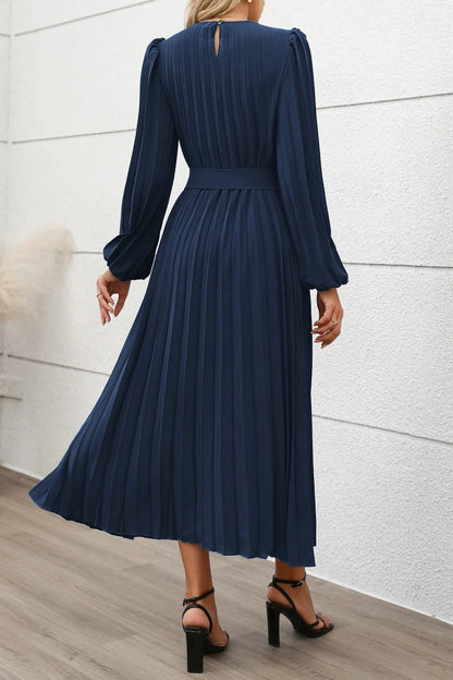 Elegant Fall Pleated Long Sleeve Belted Midi Dress