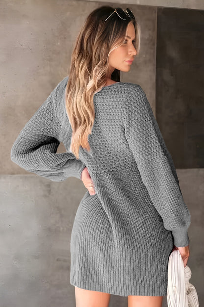 V Neck Long Sleeve Knit Sweater Dress with Balloon Sleeves