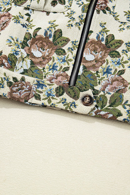 Floral Print Zip Up Contrast Collared Jacket