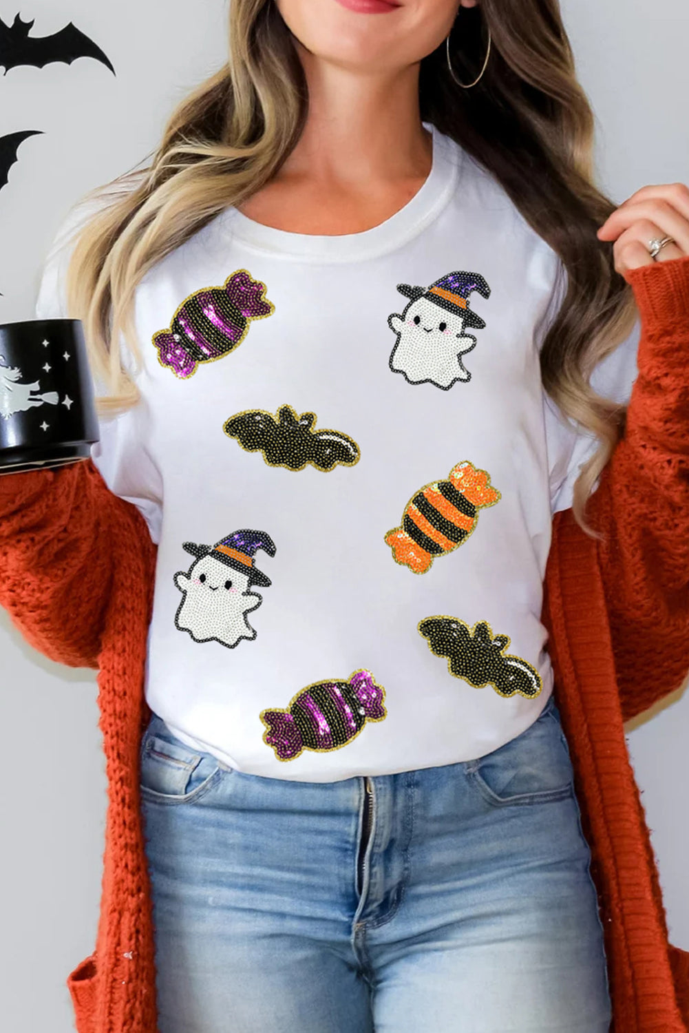 White Sequin Halloween Ghost Candy Graphic Tee