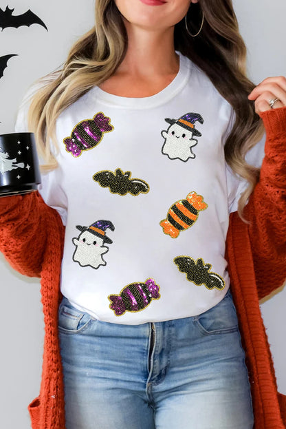 White Sequin Halloween Ghost Candy Graphic Tee