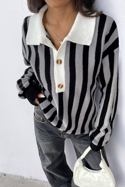 Striped Knit Collared Pullover Sweater Top