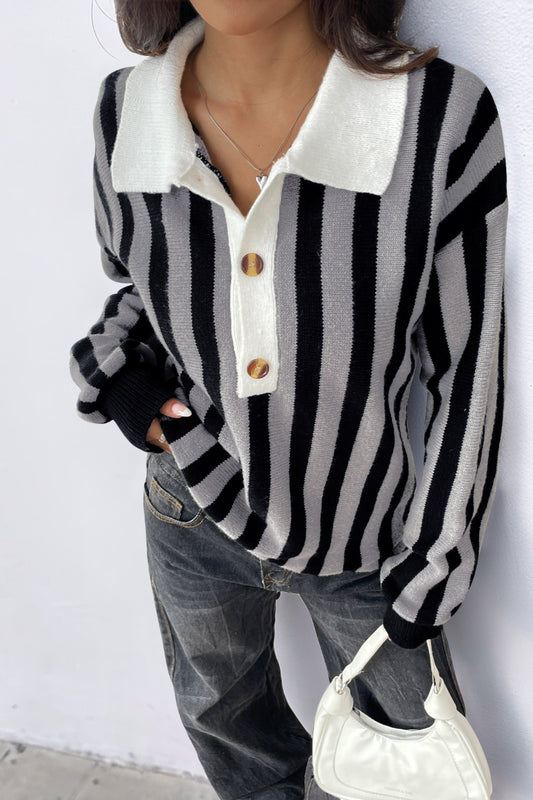 Striped Knit Collared Pullover Sweater Top