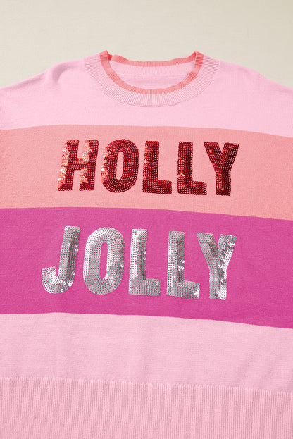Sequined HOLLY JOLLY Color Block Crew Neck Sweater