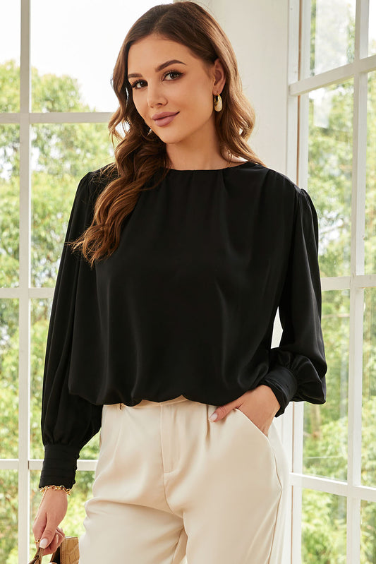 Black Padded Shoulder Pleated Loose Blouse