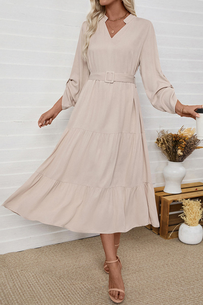 Elegant Belted V-neck Long Sleeve Midi Dress for Casual & Work