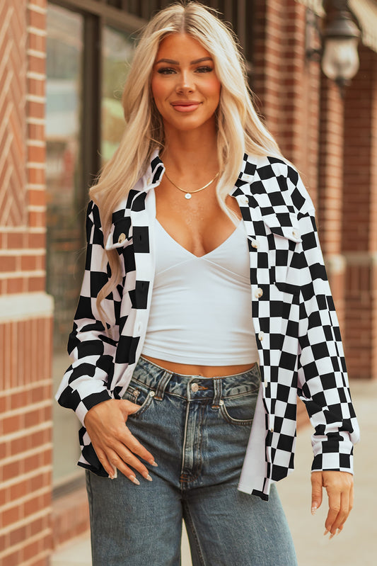 Checkerboard Flap Pocket Button Front Shacket