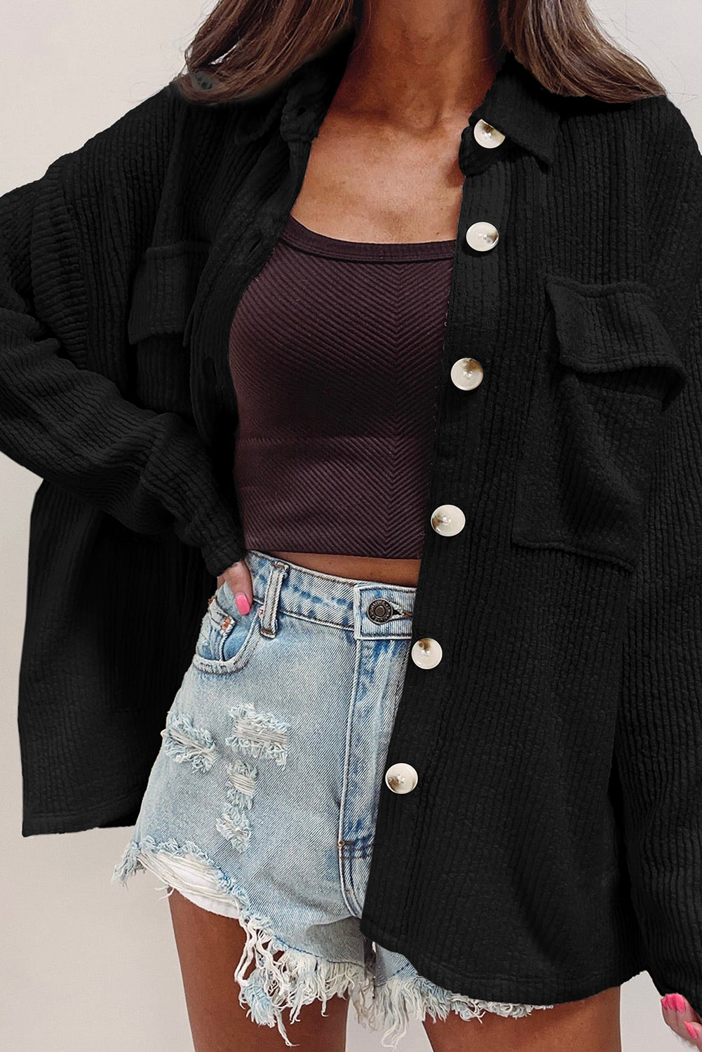 Corduroy Buttoned Long Sleeve Shacket