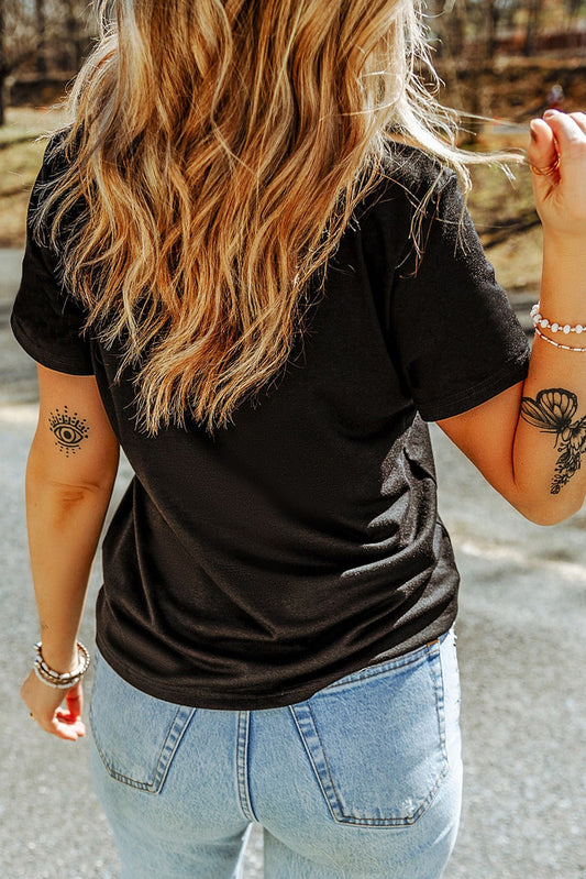 Black Sequin Basketball Patched T Shirt