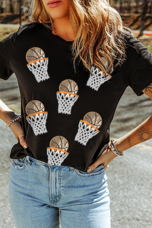 Black Sequin Basketball Patched T Shirt