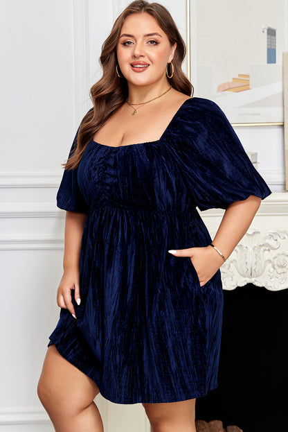 Velvet Ruched Bust Square Neck Puff Sleeve Plus Dress